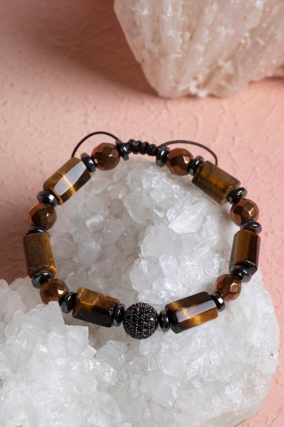 Sertifikalı Kaplan Gözü, Hematit Zirkon Aparatlı Doğal Taş Makrome Bileklik (SK:386) - 2