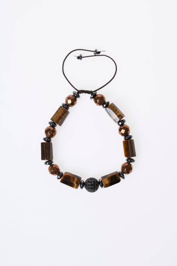 Sertifikalı Kaplan Gözü, Hematit Zirkon Aparatlı Doğal Taş Makrome Bileklik (SK:386) - 5