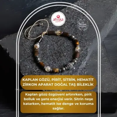 Sertifikalı Kaplan Gözü, Pirit, Sitrin, Hematit Zirkon Aparat Doğal Taş Makrome Bileklik - Doğal Taş (1)