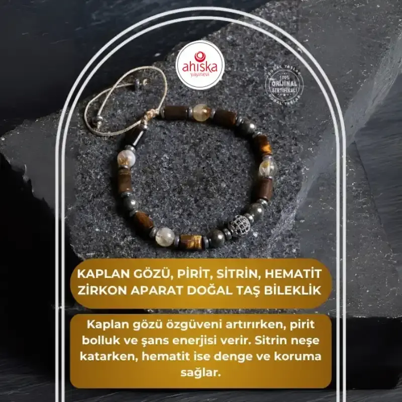 Sertifikalı Kaplan Gözü, Pirit, Sitrin, Hematit Zirkon Aparat Doğal Taş Makrome Bileklik - 2