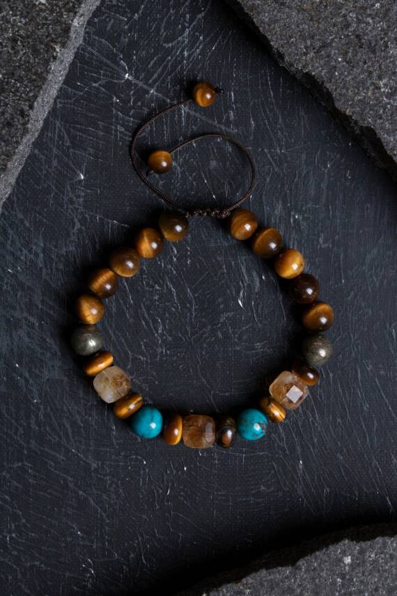 Sertifikalı Kaplan Gözü Pirit Sitrin Turkuaz Doğal Taş Para Çekim Bilekliği S.K: 043 - 1