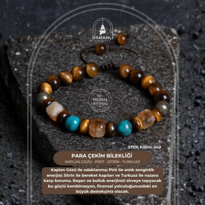 Sertifikalı Kaplan Gözü Pirit Sitrin Turkuaz Doğal Taş Para Çekim Bilekliği S.K: 043 - 2