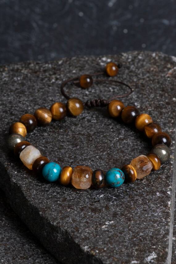 Sertifikalı Kaplan Gözü Pirit Sitrin Turkuaz Doğal Taş Para Çekim Bilekliği S.K: 043 - 2