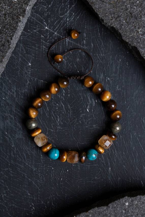 Sertifikalı Kaplan Gözü Pirit Sitrin Turkuaz Doğal Taş Para Çekim Bilekliği S.K: 043 - 4