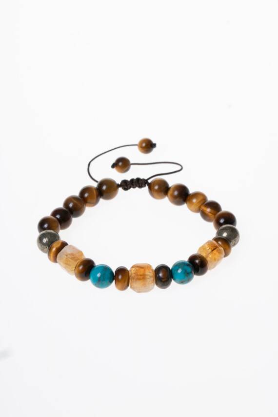 Sertifikalı Kaplan Gözü Pirit Sitrin Turkuaz Doğal Taş Para Çekim Bilekliği S.K: 043 - 6