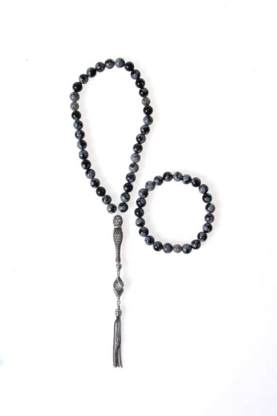 Sertifikalı Karlı Obsidyen 925 Ayar Gümüş 8 mm İmameli Tesbih & Bileklik Seti - 1