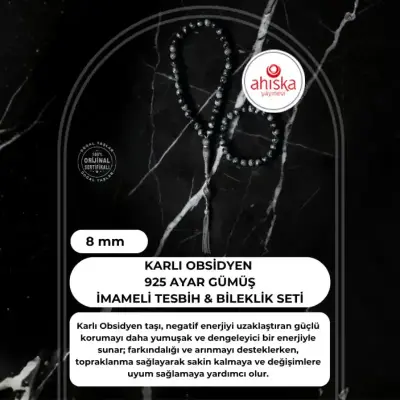 Sertifikalı Karlı Obsidyen 925 Ayar Gümüş 8 mm İmameli Tesbih & Bileklik Seti - Doğal Taş (1)