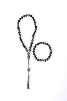 Sertifikalı Karlı Obsidyen 925 Ayar Gümüş 8 mm İmameli Tesbih & Bileklik Seti - Osmanlı Doğal Taş