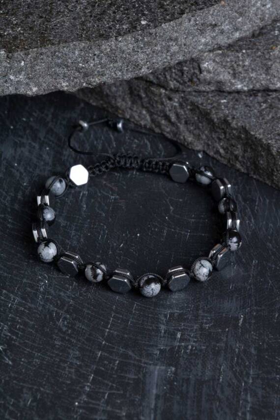 Sertifikalı Karlı Obsidyen, Hematit Doğal Taş Makrome Bileklik - 1