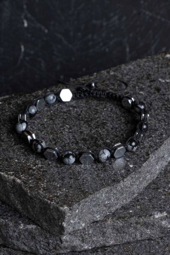 Sertifikalı Karlı Obsidyen, Hematit Doğal Taş Makrome Bileklik - 4
