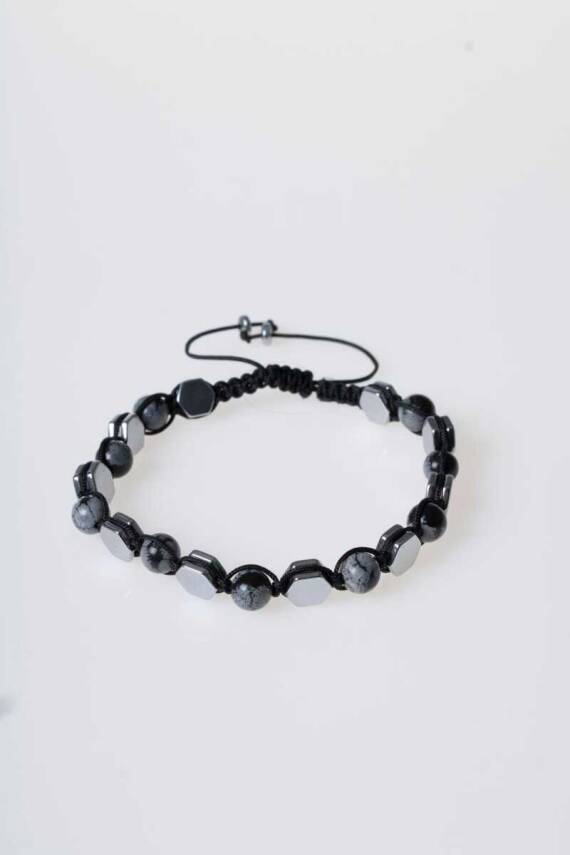 Sertifikalı Karlı Obsidyen, Hematit Doğal Taş Makrome Bileklik - 5