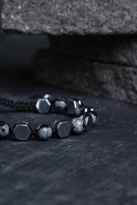 Sertifikalı Karlı Obsidyen, Hematit Doğal Taş Makrome Bileklik - 2