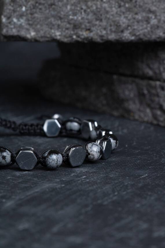Sertifikalı Karlı Obsidyen, Hematit Doğal Taş Makrome Bileklik - 2