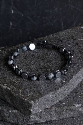 Sertifikalı Karlı Obsidyen, Hematit Doğal Taş Makrome Bileklik - 4