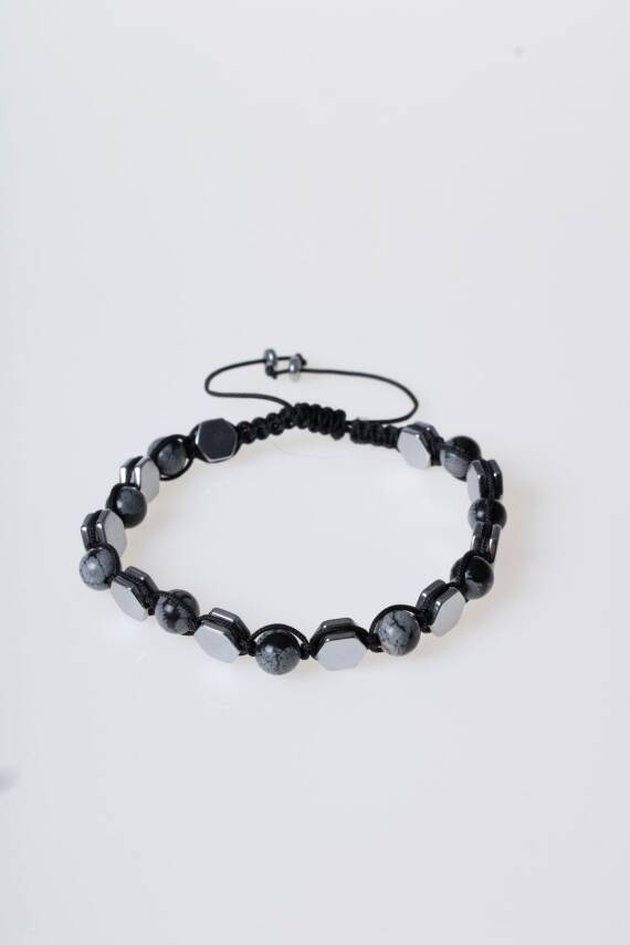 Sertifikalı Karlı Obsidyen, Hematit Doğal Taş Makrome Bileklik - 5