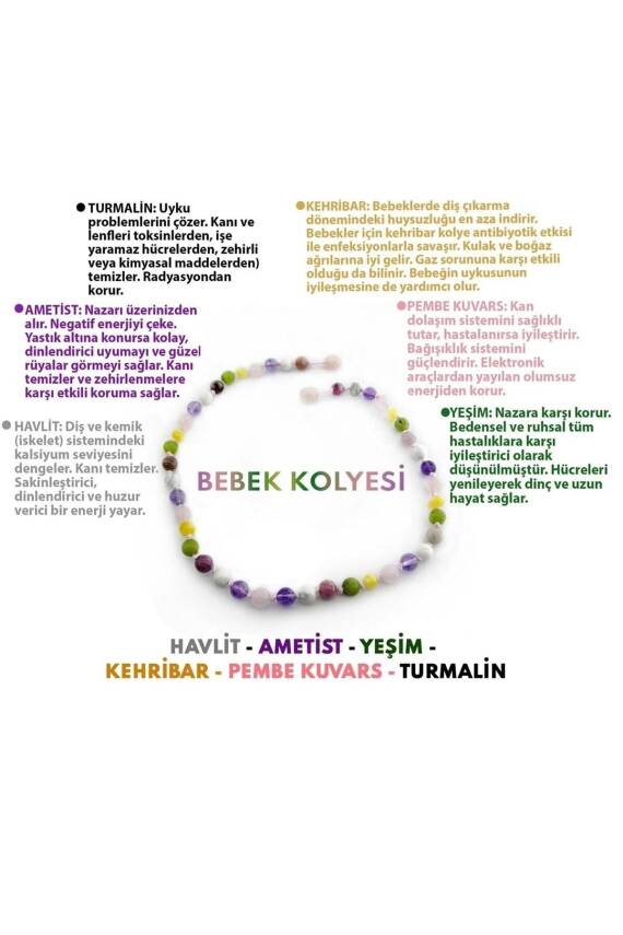 Sertifikalı Kehribar-turmalin-ametist-havlit-yeşim-pembe Kuvars-bebek Kolyesi M203 - 1