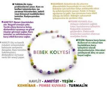 Sertifikalı Kehribar-turmalin-ametist-havlit-yeşim-pembe Kuvars-bebek Kolyesi M203 - Doğal Taş