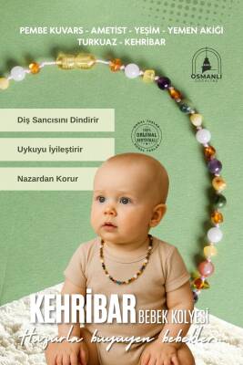 Sertifikalı Kehribar-yeşim-ametist-hakiki Yemen Akik-hakiki Turkuaz- Pembe Kuvars bebek Kolyesi M204 - Osmanlı Doğaltaş