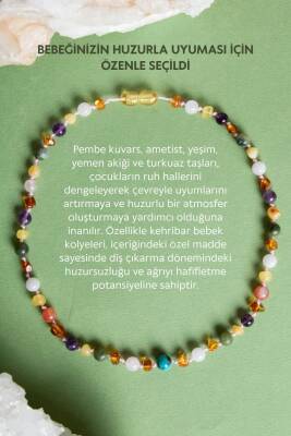 Sertifikalı Kehribar-yeşim-ametist-hakiki Yemen Akik-hakiki Turkuaz- Pembe Kuvars bebek Kolyesi M204 - 2
