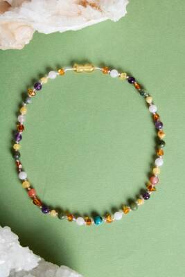 Sertifikalı Kehribar-yeşim-ametist-hakiki Yemen Akik-hakiki Turkuaz- Pembe Kuvars bebek Kolyesi M204 - 3