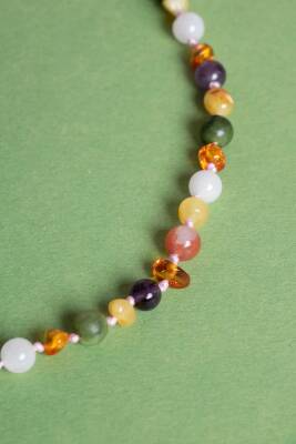 Sertifikalı Kehribar-yeşim-ametist-hakiki Yemen Akik-hakiki Turkuaz- Pembe Kuvars bebek Kolyesi M204 - 5