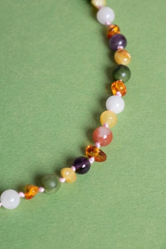 Sertifikalı Kehribar-yeşim-ametist-hakiki Yemen Akik-hakiki Turkuaz- Pembe Kuvars bebek Kolyesi M204 - 5