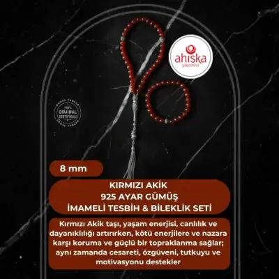 Sertifikalı Kırmızı Akik 925 Ayar Gümüş 8 mm İmameli Tesbih & Bileklik Seti - Doğal Taş (1)