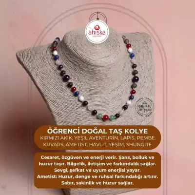 Sertifikalı Kırmızı Akik, Yeşil Aventurin, Lapis, Pembe Kuvars, Ametist, Havlit, Yeşim, Shungite Kız Öğrenci Kolye - Doğal Taş (1)