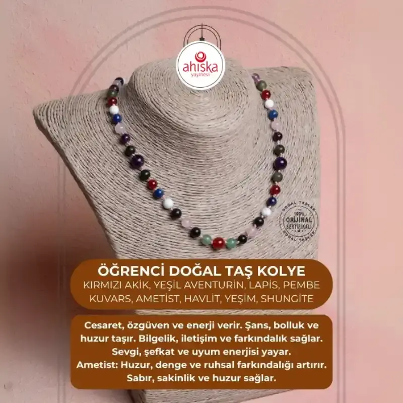 Sertifikalı Kırmızı Akik, Yeşil Aventurin, Lapis, Pembe Kuvars, Ametist, Havlit, Yeşim, Shungite Kız Öğrenci Kolye - 2
