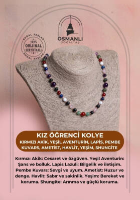 Sertifikalı Kırmızı Akik, Yeşil Aventurin, Lapis, Pembe Kuvars, Ametist, Havlit, Yeşim, Shungite Kız Öğrenci Kolye - Osmanlı Doğaltaş