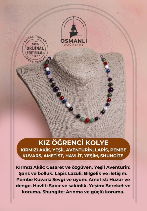 Sertifikalı Kırmızı Akik, Yeşil Aventurin, Lapis, Pembe Kuvars, Ametist, Havlit, Yeşim, Shungite Kız Öğrenci Kolye - 1