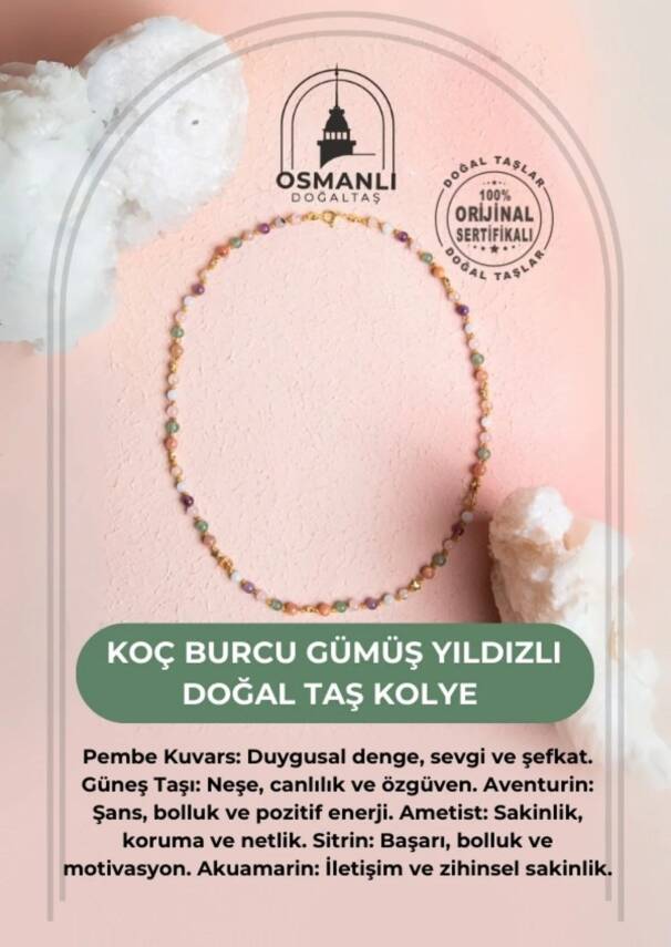Sertifikalı Koç Burcu Gümüş Yıldızlı Doğal Taş Kolye - 2