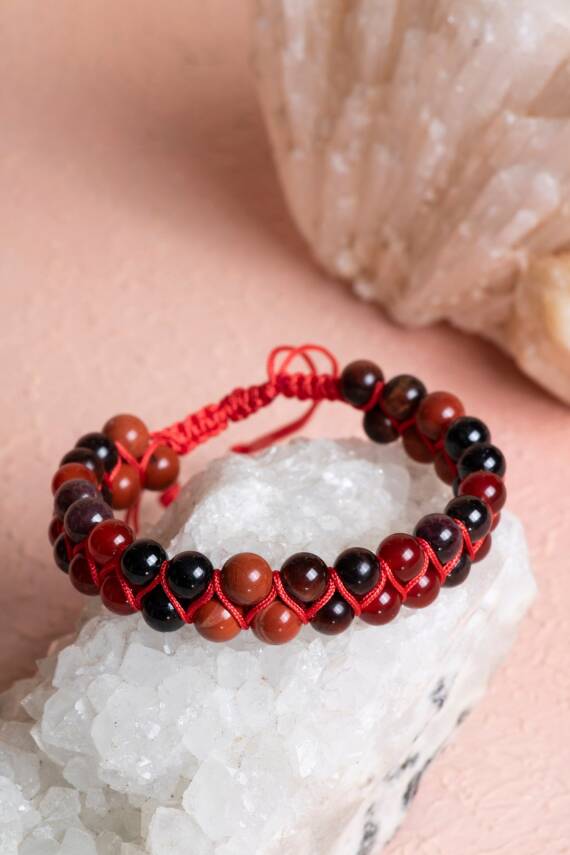 Sertifikalı Kök Çakra Çift Sıra Doğal Taş Makrome Bileklik - 2