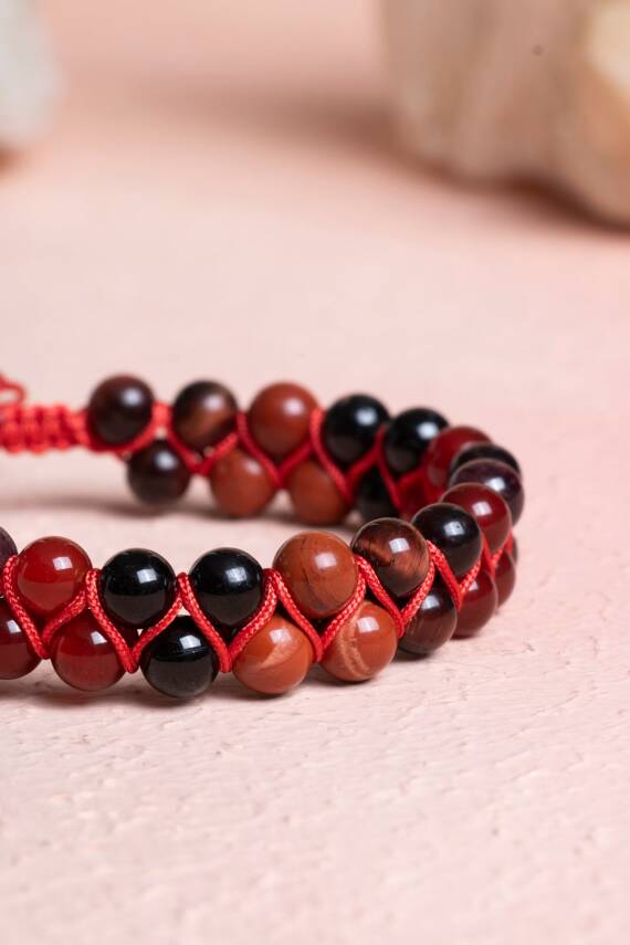 Sertifikalı Kök Çakra Çift Sıra Doğal Taş Makrome Bileklik - 3