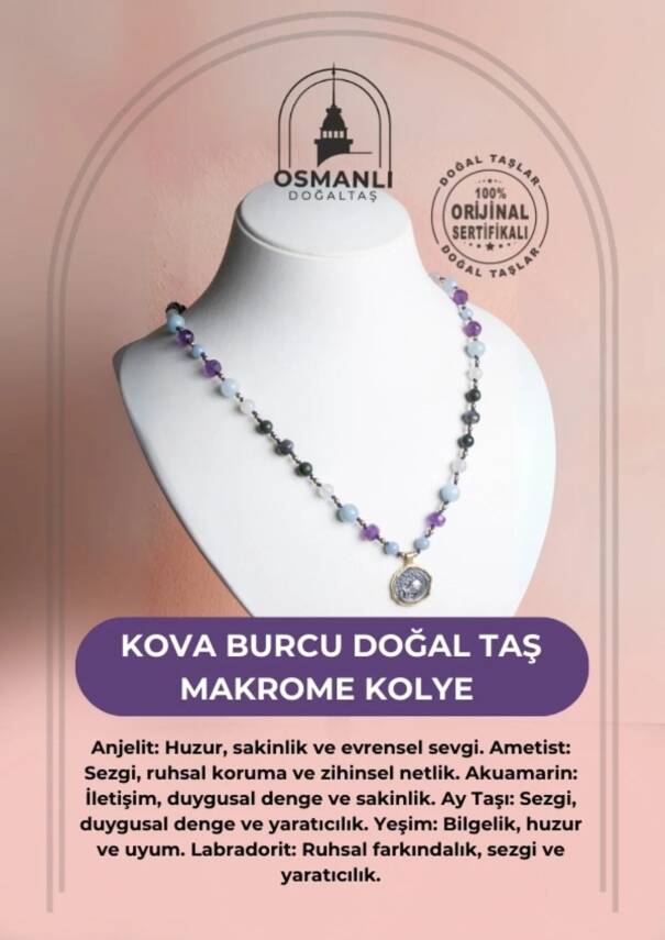 Sertifikalı Kova Burcu Doğal Taş Makrome Kolye - 2