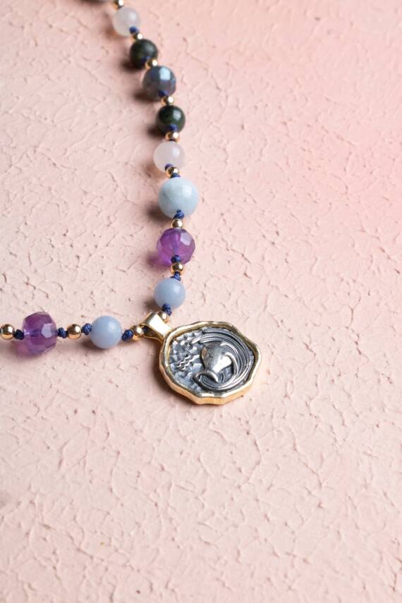 Sertifikalı Kova Burcu Doğal Taş Makrome Kolye - 4