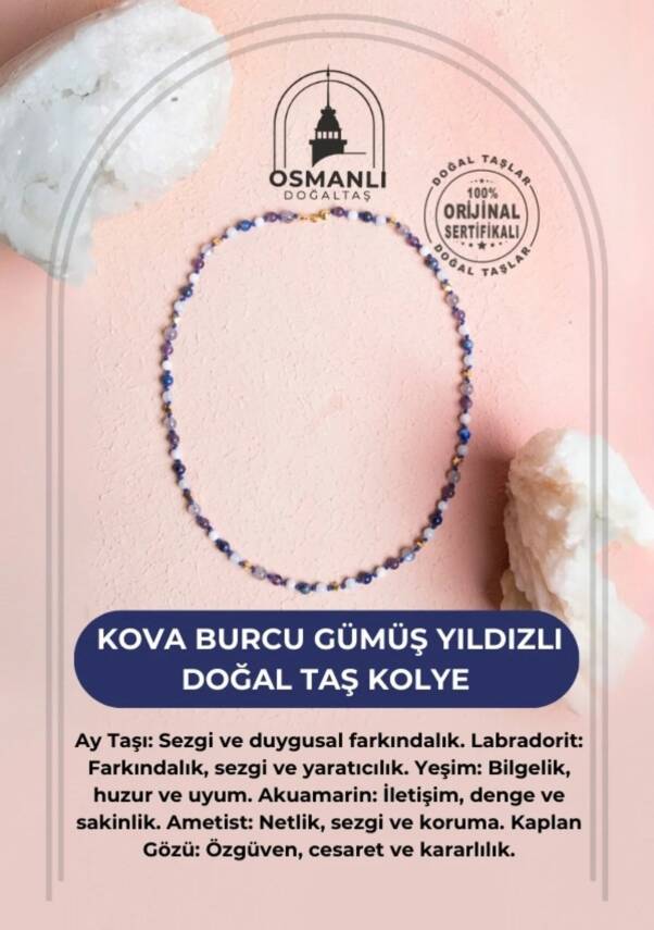 Sertifikalı Kova Burcu Gümüş Yıldızlı Doğal Taş Kolye - 2
