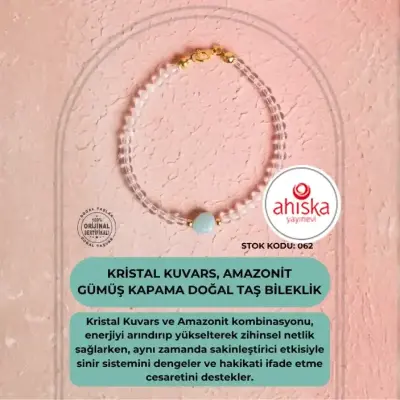 Sertifikalı Kristal Kuvars, Amazonit Gümüş Kapama Doğal Taş Bileklik (SK062) - 1
