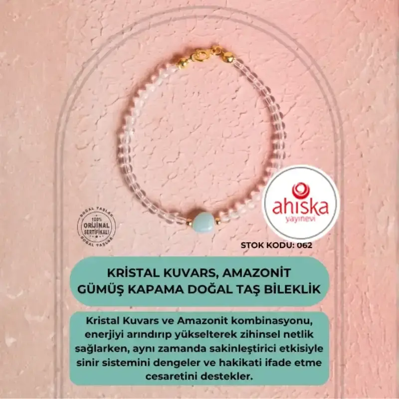 Sertifikalı Kristal Kuvars, Amazonit Gümüş Kapama Doğal Taş Bileklik (SK062) - 1