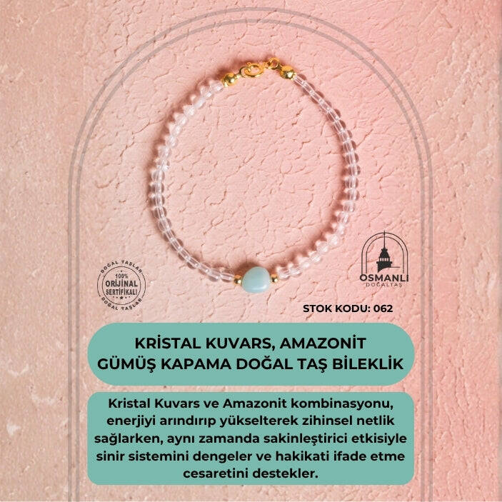 Sertifikalı Kristal Kuvars, Amazonit Gümüş Kapama Doğal Taş Bileklik (SK:062) - 2