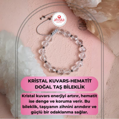 Sertifikalı Kristal Kuvars, Hematit Fasetli Doğal Taş Makrome Bileklik - Doğal Taş (1)