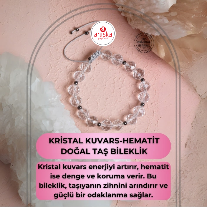 Sertifikalı Kristal Kuvars, Hematit Fasetli Doğal Taş Makrome Bileklik - 2