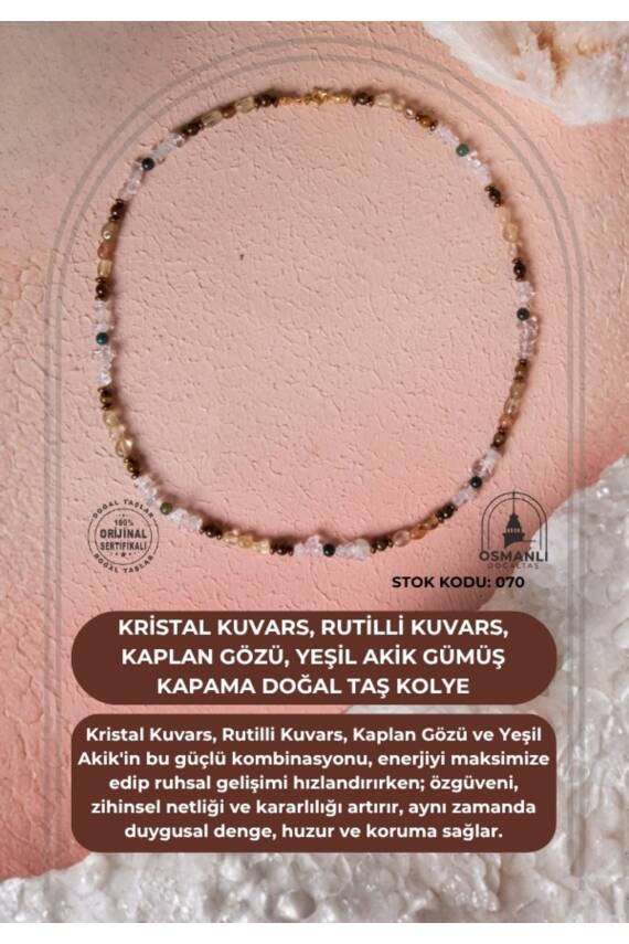 Sertifikalı Kristal Kuvars, Rutilli Kuvars, Kaplan Gözü, Yeşil Akik Gümüş Kapama Doğal Taş Kolye (SK:070) - 1