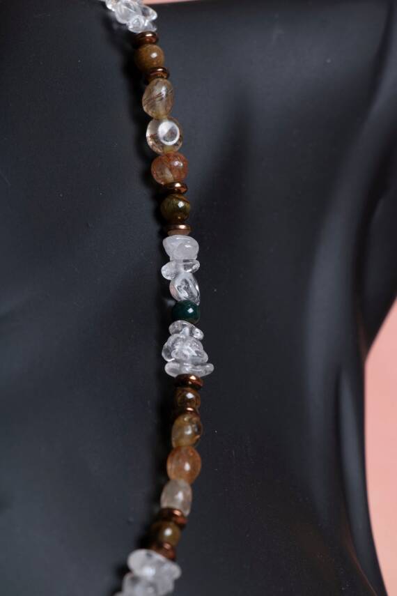 Sertifikalı Kristal Kuvars, Rutilli Kuvars, Kaplan Gözü, Yeşil Akik Gümüş Kapama Doğal Taş Kolye (SK:070) - 3