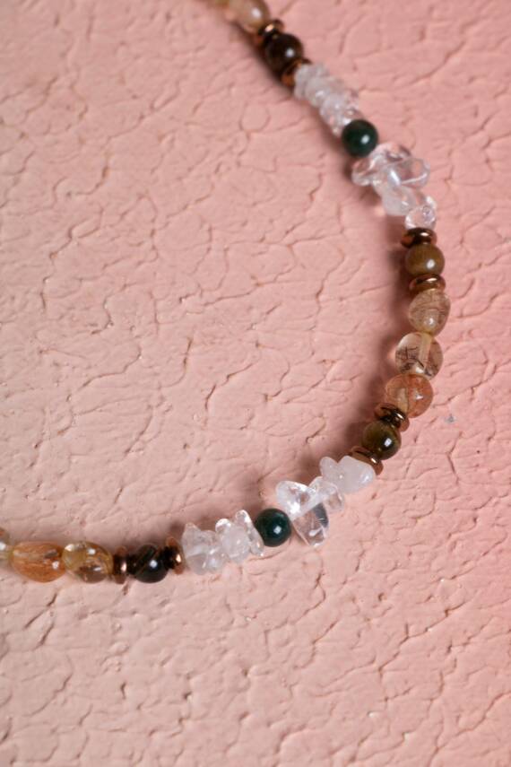 Sertifikalı Kristal Kuvars, Rutilli Kuvars, Kaplan Gözü, Yeşil Akik Gümüş Kapama Doğal Taş Kolye (SK:070) - 5