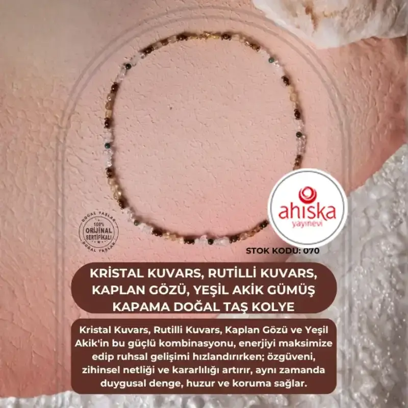 Sertifikalı Kristal Kuvars, Rutilli Kuvars, Kaplan Gözü, Yeşil Akik Gümüş Kapama Doğal Taş Kolye (SK070) - 2