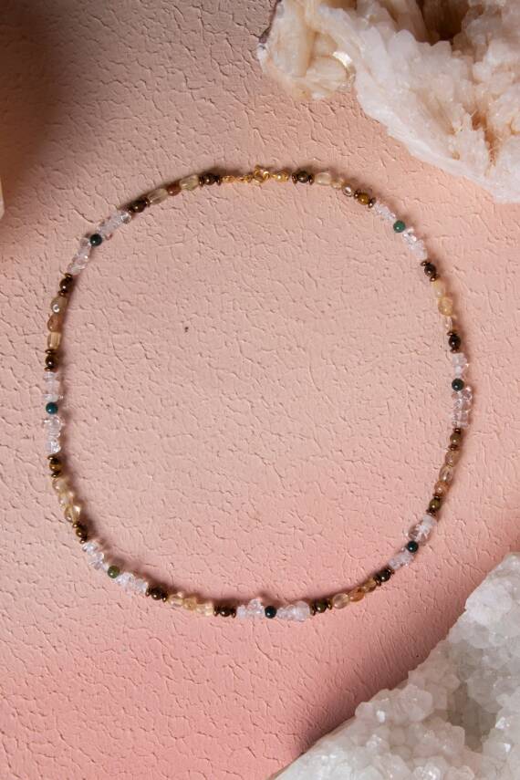 Sertifikalı Kristal Kuvars, Rutilli Kuvars, Kaplan Gözü, Yeşil Akik Gümüş Kapama Doğal Taş Kolye (SK:070) - 1