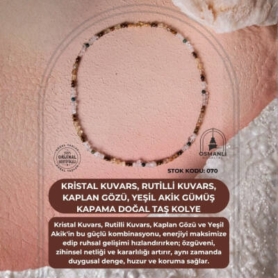 Sertifikalı Kristal Kuvars, Rutilli Kuvars, Kaplan Gözü, Yeşil Akik Gümüş Kapama Doğal Taş Kolye (SK:070) - 2