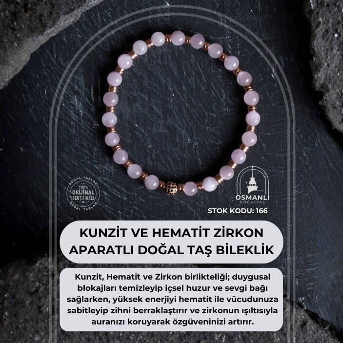 Sertifikalı Kunzit, Hematit Zirkon Aparatlı Doğal Taş Bileklik (SK:166) - 2
