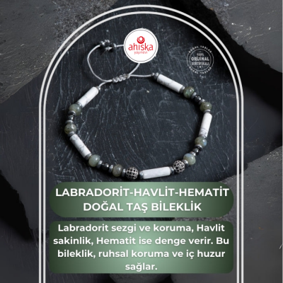 Sertifikalı Labradorit, Havlit, Hematit Doğal Taş Makrome Bileklik - Doğal Taş (1)